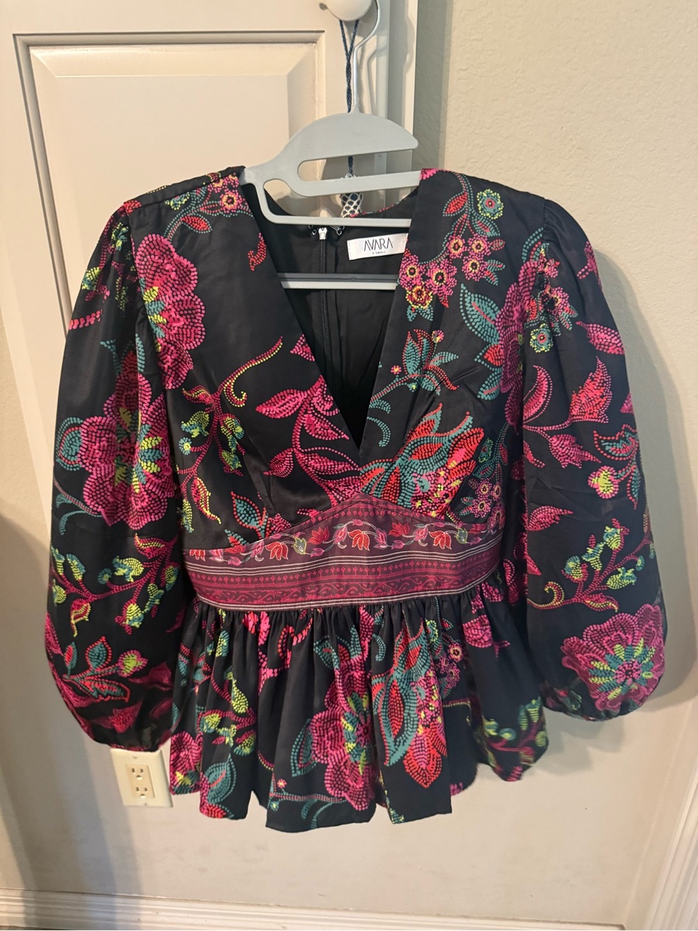 Floral Embroidered Peplum Blouse - Black with Pink & Multicolor
